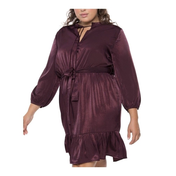 Black Tape Womens Tie Blouson Sleeve Above The Knee Cocktail Waist Dress,Plum,0X - Picture 4 of 4
